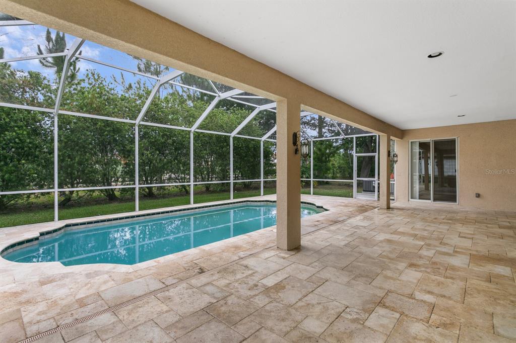 A covered patio with stone flooring overlooks a swimming pool enclosed by a screen cage — 10411 CANARY ISLE DRIVE, TAMPA, FL