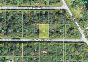This is an aerial map showing a highlighted rectangular plot of land between two streets — 14512 MCMILLIN (LOT 26) AVENUE, PORT CHARLOTTE, FL