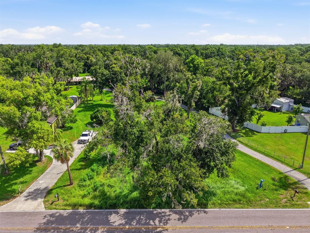 An aerial view shows a grassy lot with mature trees, a driveway, and nearby houses — DURANT ROAD, VALRICO, FL