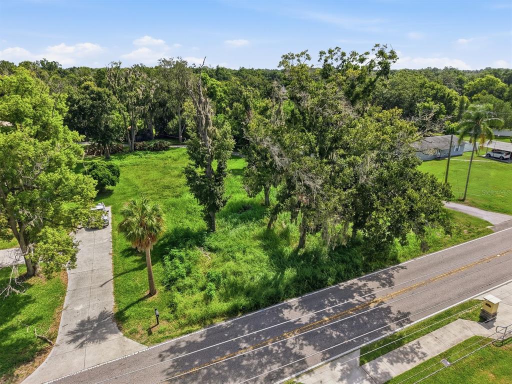 An aerial view shows a vacant, tree-filled lot next to a paved road and driveway — DURANT ROAD, VALRICO, FL