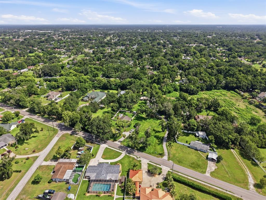 An aerial view shows residential houses, a swimming pool, and dense trees in a neighborhood — DURANT ROAD, VALRICO, FL