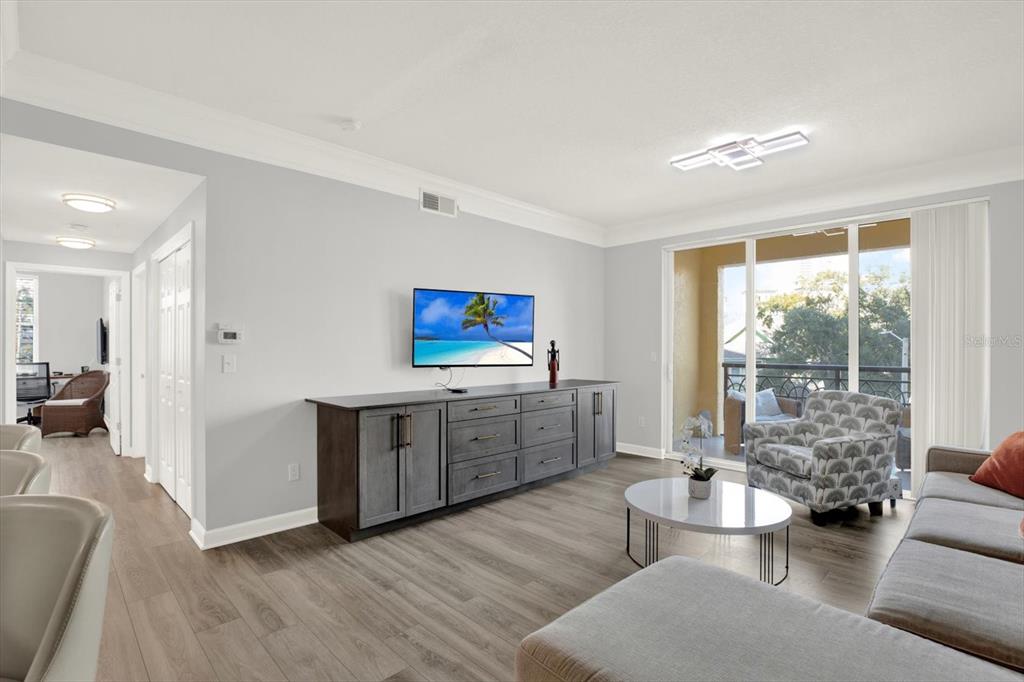 A living room features light gray walls, wood-look flooring, a media console, and a balcony — 345 BAYSHORE BOULEVARD UNIT 302, TAMPA, FL