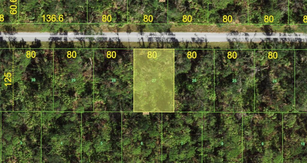 This is an aerial map showing a highlighted rectangular land parcel labeled 27 — 14051 STANFIELD AVENUE, PORT CHARLOTTE, FL