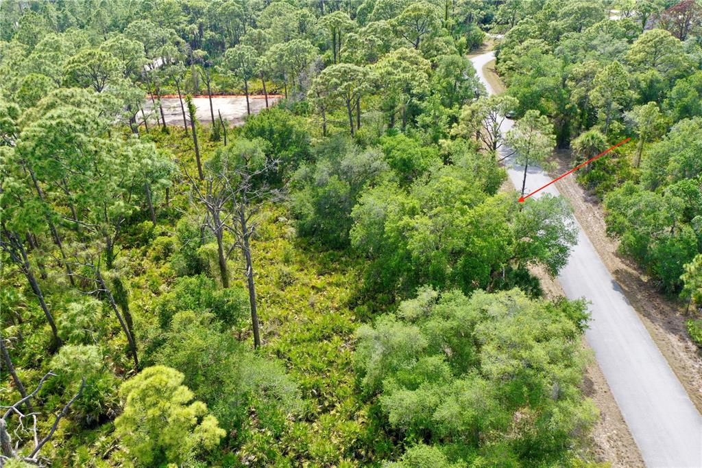 An aerial view shows a wooded lot adjacent to a paved road — 14051 STANFIELD AVENUE, PORT CHARLOTTE, FL