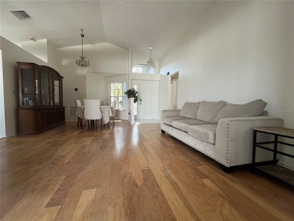 A living and dining area features hardwood floors, vaulted ceilings, and a neutral-toned sofa — 2930 SHANNON CIR, PALM HARBOR, FL