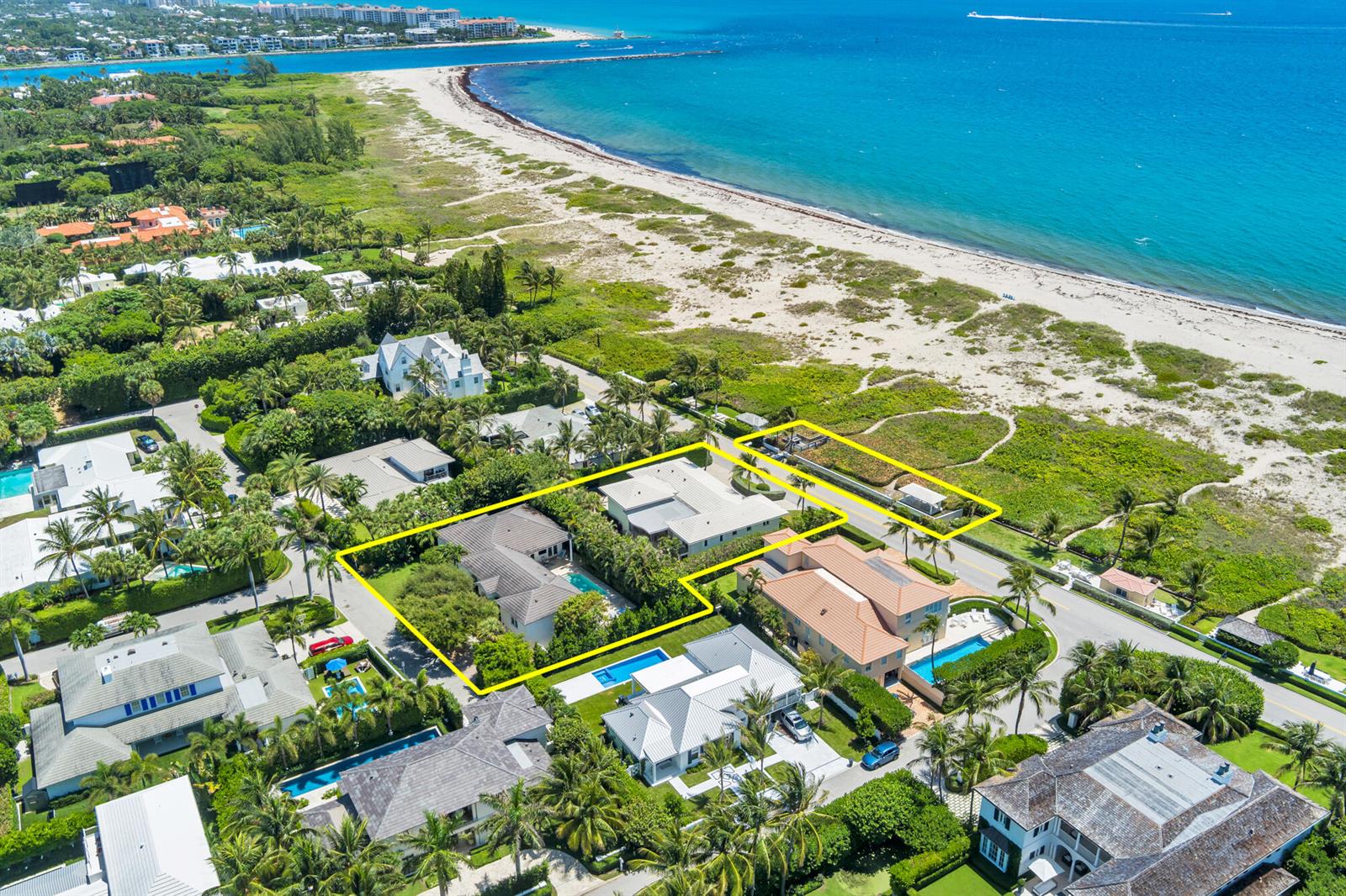 An aerial view shows a coastal residential property with a pool and beach access — 1426 N Ocean Boulevard, Palm Beach FL 33480, PALM BEACH, FL