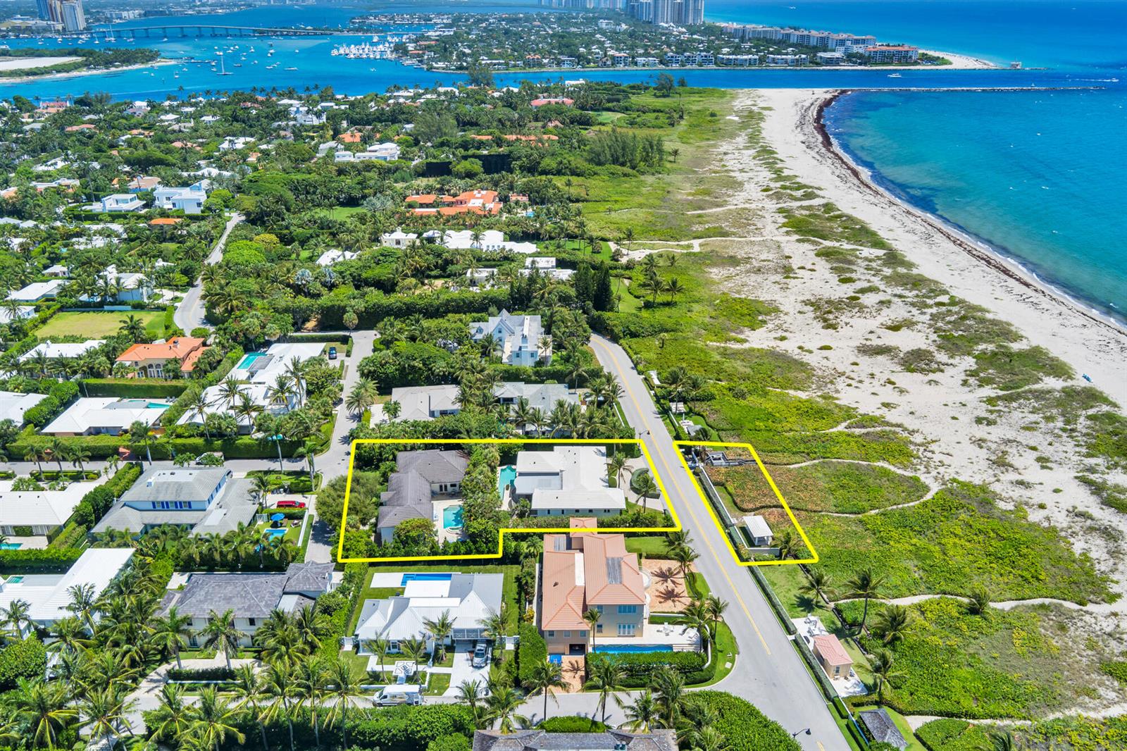 An aerial view shows a coastal residential property with two highlighted lots near the beach — 1426 N Ocean Boulevard, Palm Beach FL 33480, PALM BEACH, FL