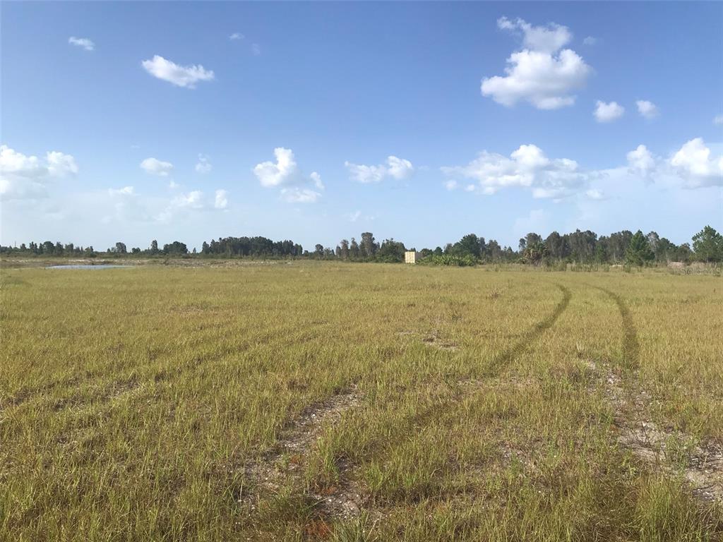A wide, grassy field under a blue sky with scattered clouds and tire tracks — 48033 BERMONT ROAD, PUNTA GORDA, FL