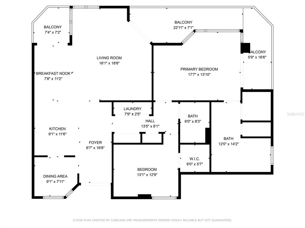 This is a floor plan for a two-bedroom apartment with a living room and balconies — 1520R GULF BOULEVARD UNIT 906, CLEARWATER BEACH, FL