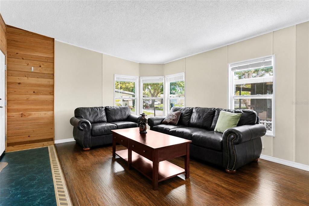 A living room features dark wood flooring, two black leather sofas, and a wood-paneled wall — 169 PINE TREE DRIVE, DEBARY, FL