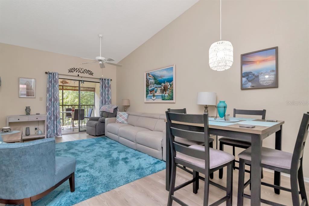 A living and dining area features a vaulted ceiling, blue rug, and sliding glass doors — 11511 113TH STREET UNIT 13F, LARGO, FL