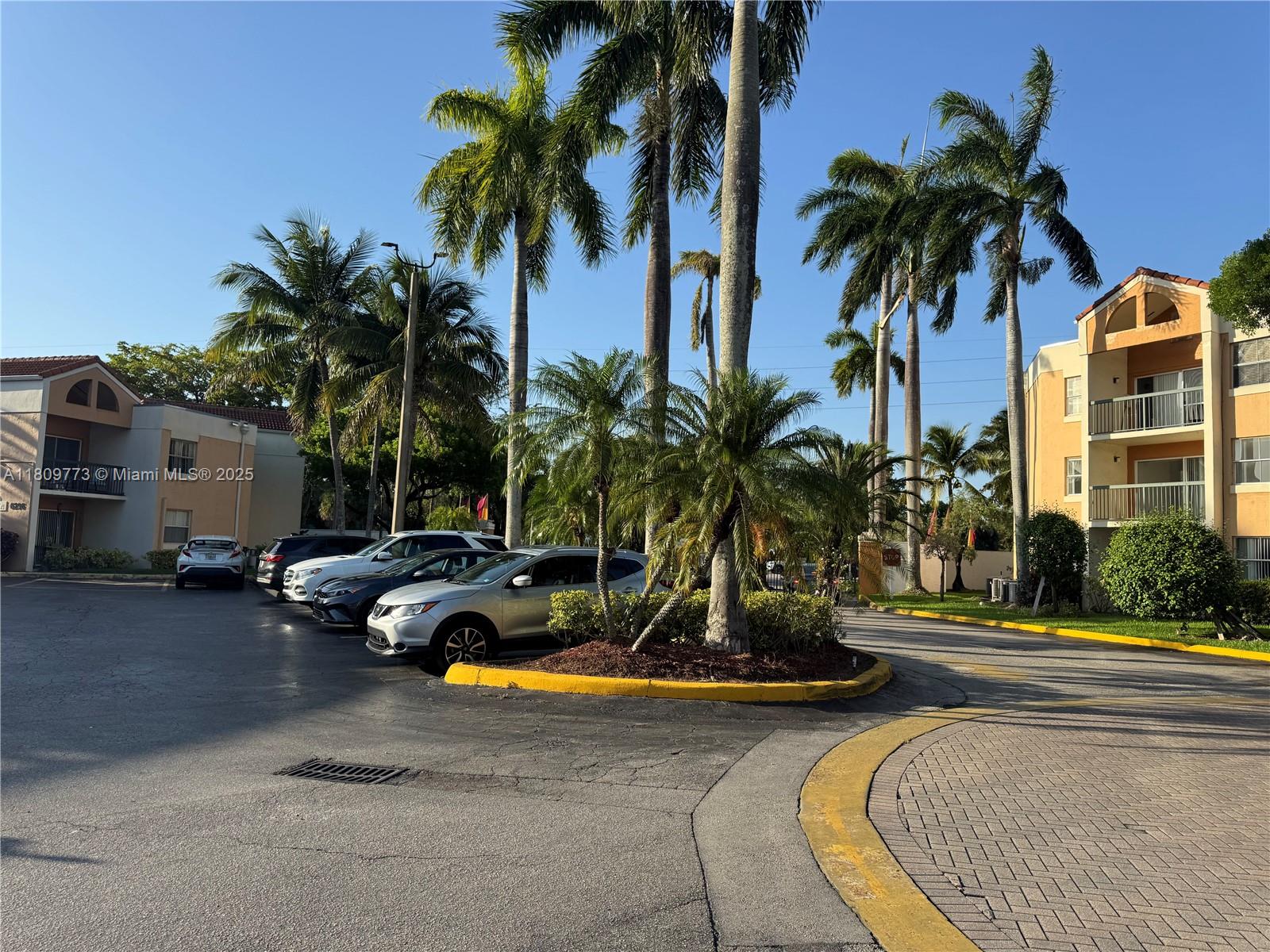 An outdoor parking lot features palm trees, landscaped islands, and multi-story apartment buildings — 6276 NW 186th St # 305, Hialeah FL 33015, HIALEAH, FL