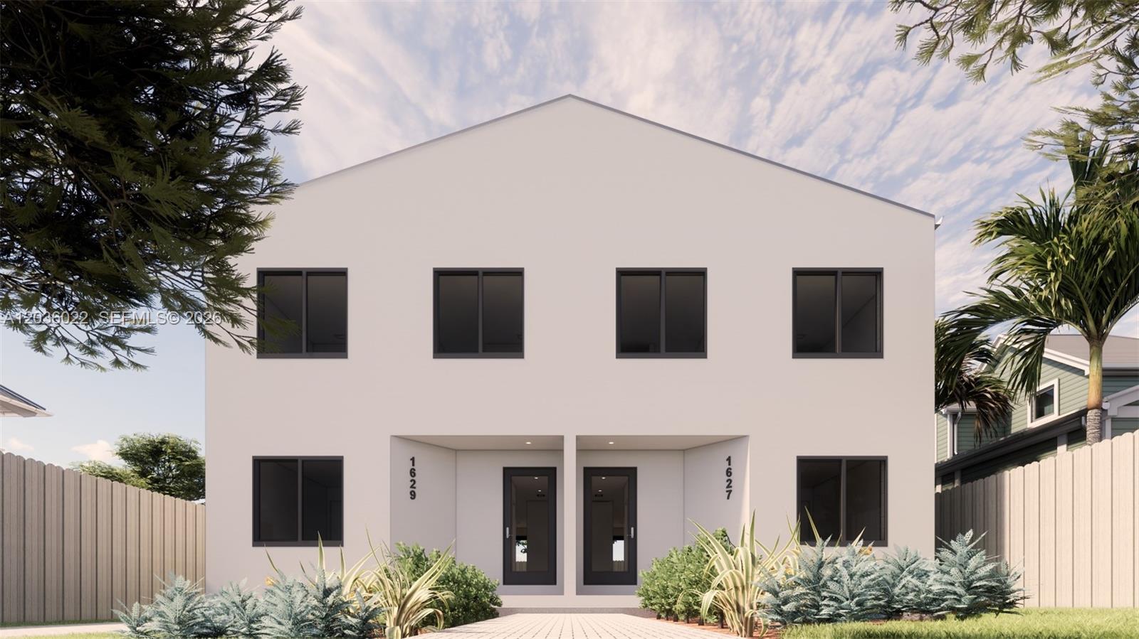 This is a rendering of a two-story duplex with a white exterior and two front entrances — 1629 NW 40th St, Miami FL 33142, MIAMI, FL