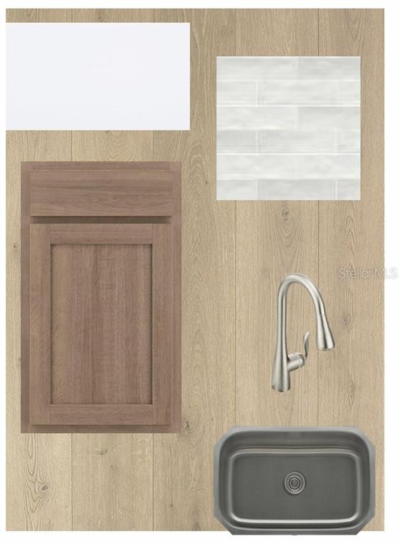 This is a digital rendering of kitchen finish samples including cabinetry, countertops, tile, and fixtures — 2823 CRIMSON CAP STREET, ODESSA, FL