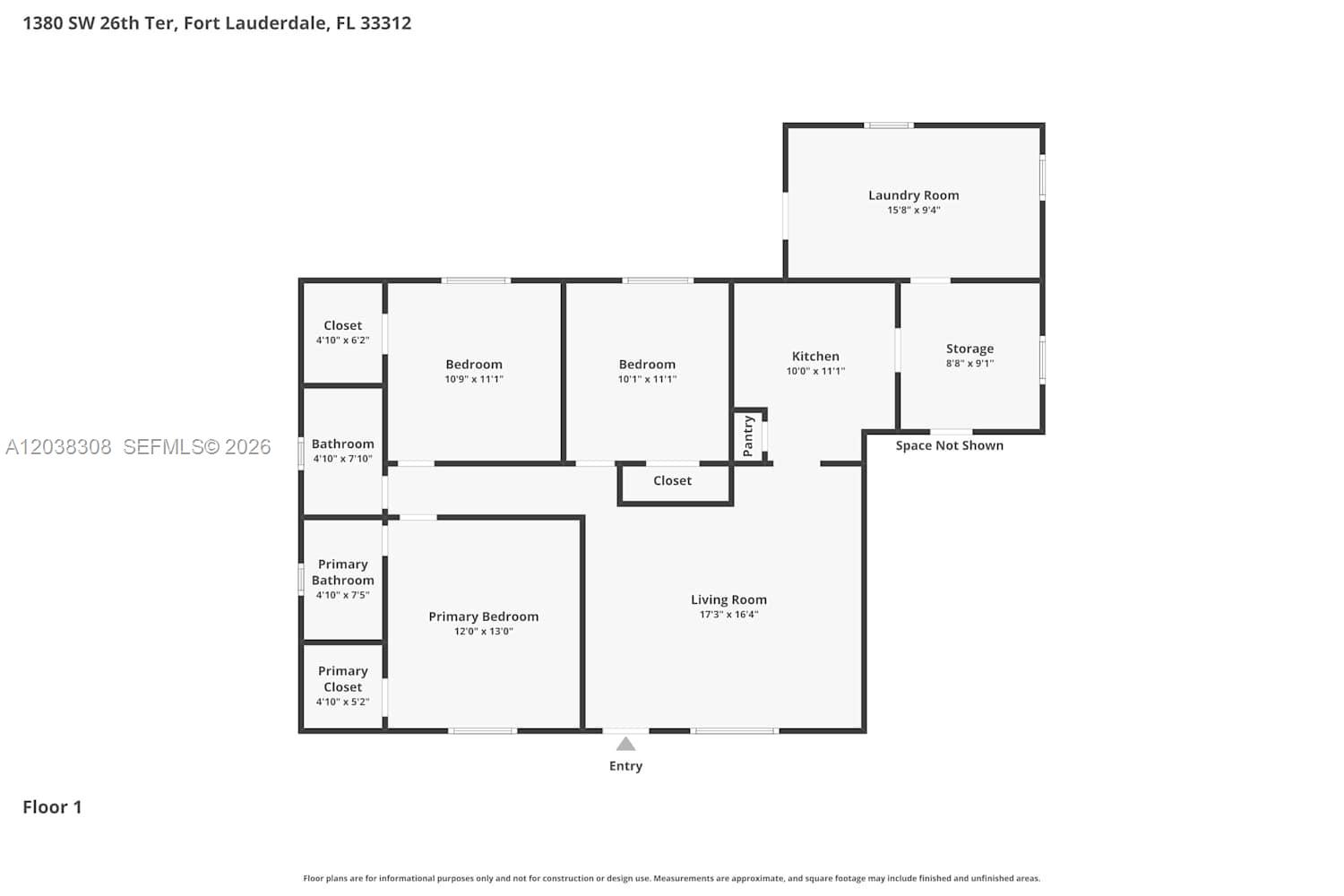 This is a floor plan for a single-story residential property with three bedrooms — FORT LAUDERDALE, FL