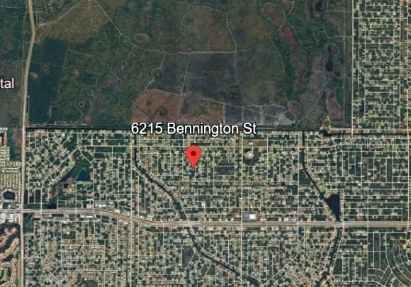 This is a satellite map view showing a residential neighborhood with a red location pin — 6215 BENNINGTON STREET, ENGLEWOOD, FL