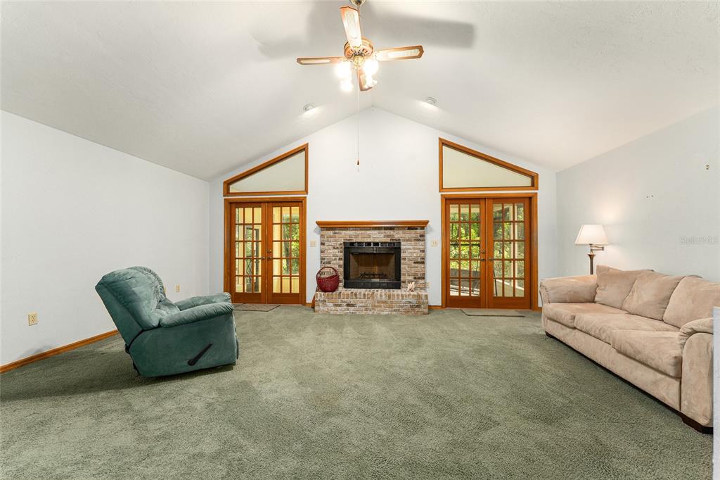 A living room features a vaulted ceiling, a brick fireplace, green carpet, and two glass doors — 7027 NW 51ST TERRACE, GAINESVILLE, FL