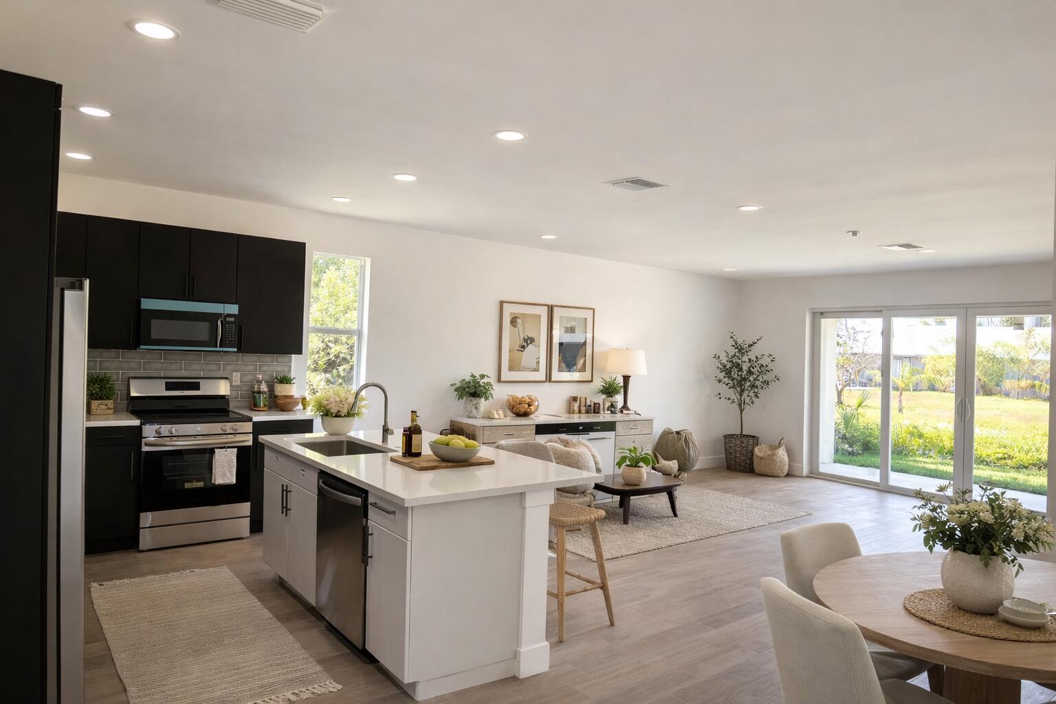 An open-concept kitchen and living area features dark cabinets, a white island, and sliding doors — 500 Sunset Road N, FL 33947, FL