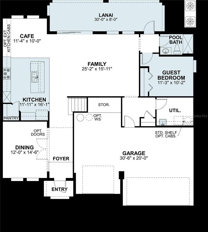 This is a floor plan of a single-story home featuring a garage, lanai, and kitchen — 5756 FREESIA DRIVE, LAKELAND, FL
