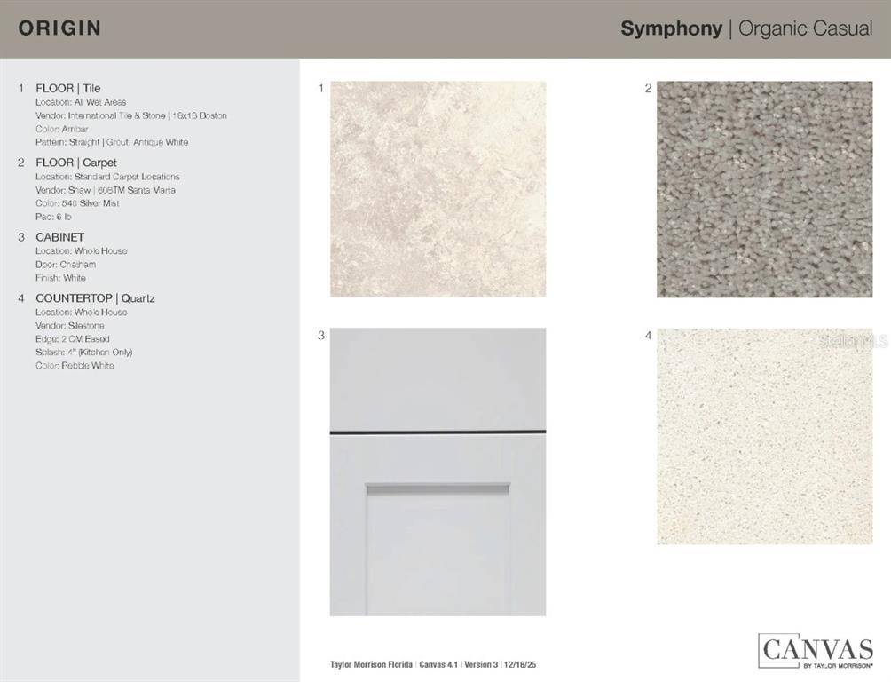 This design board displays samples of tile, carpet, white cabinetry, and quartz countertop finishes — 6523 EQUINOX LANE, NORTH FORT MYERS, FL
