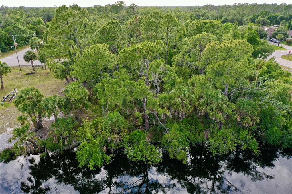 An aerial view shows a wooded lot bordering a dark body of water — 3020 COMO STREET, PORT CHARLOTTE, FL