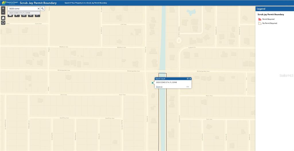 This is a map showing a property location within a Scrub Jay Permit Boundary — 3020 COMO STREET, PORT CHARLOTTE, FL