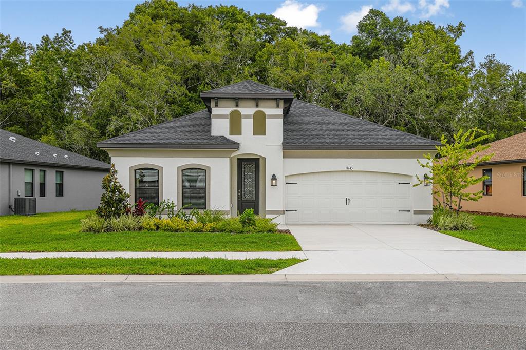 A single-story house with a white stucco exterior, dark roof, and a two-car garage — 11335 STRIPED BASS COURT, NEW PORT RICHEY, FL