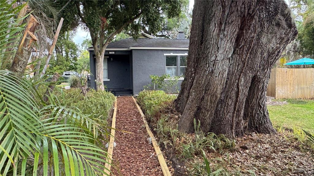 A gray house with a mulch walkway leading to the front entrance beside a large tree — 795 30TH STREET, ORLANDO, FL