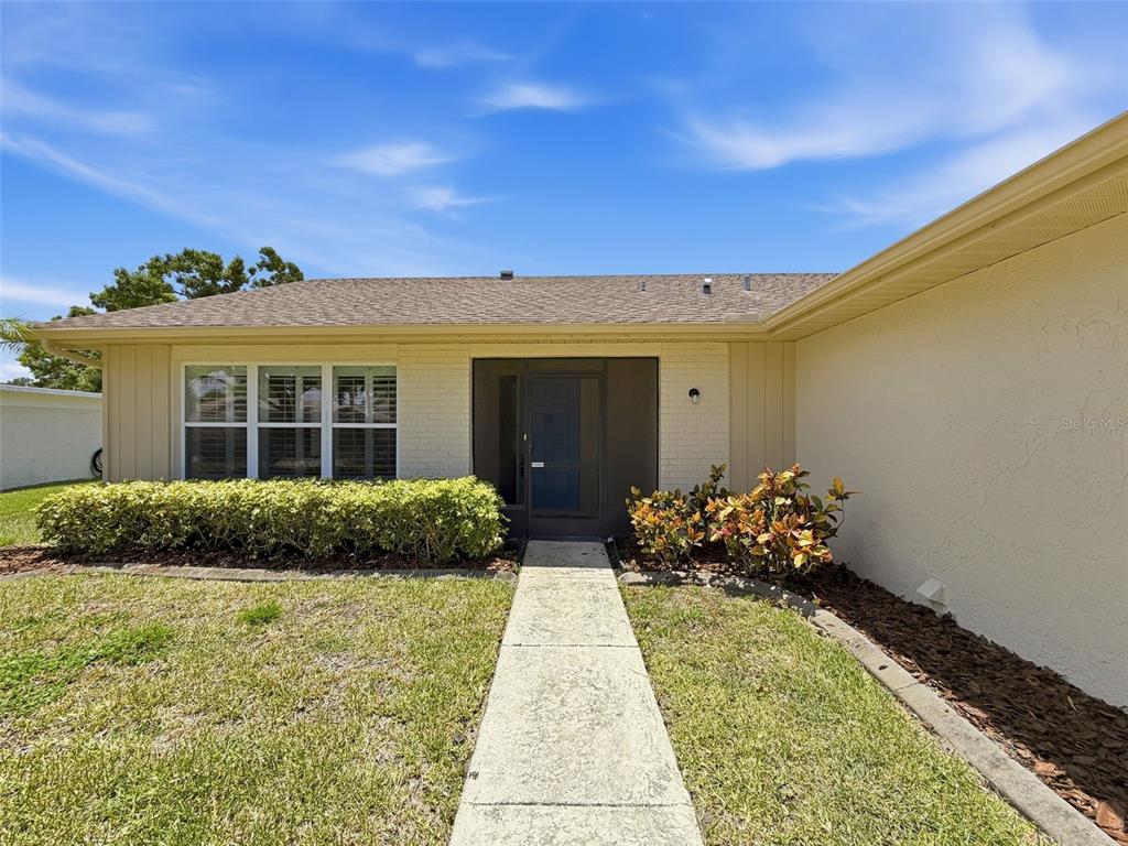 A single-story house exterior features a concrete walkway leading to a dark front door — 3068 E DORCHESTER DRIVE, PALM HARBOR, FL
