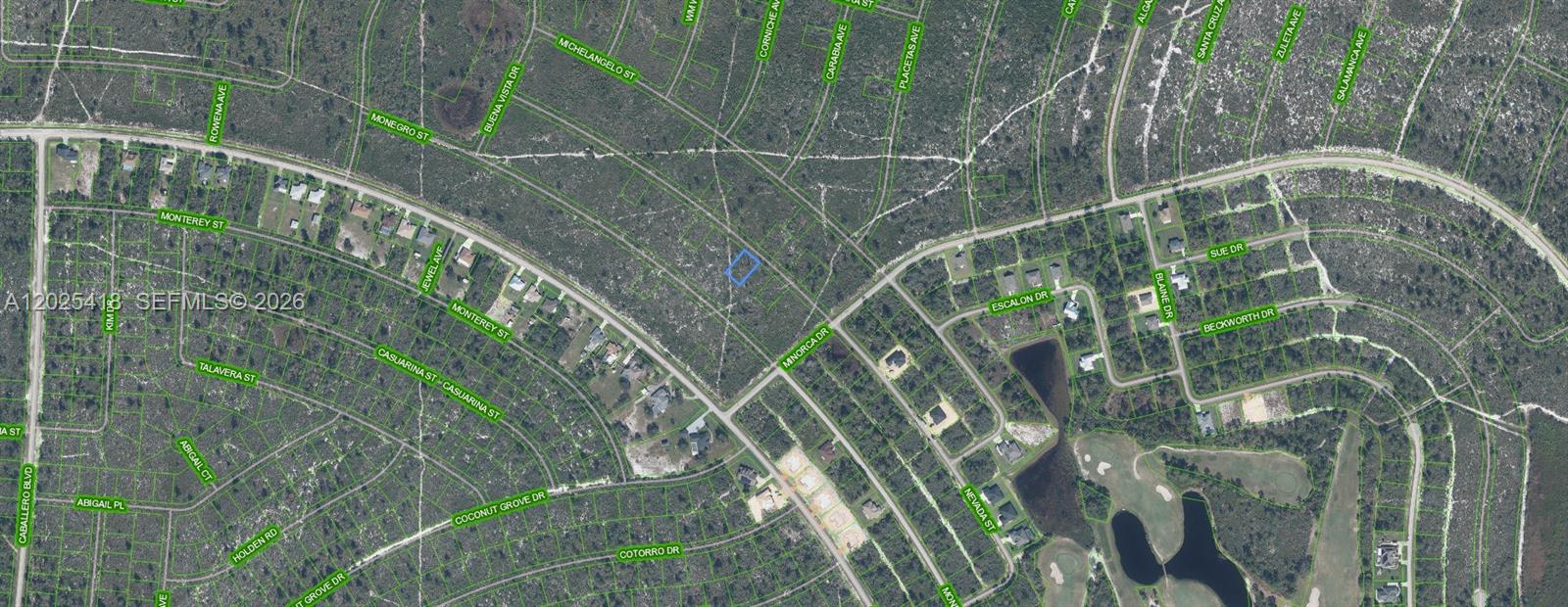 This is an aerial map showing a vacant lot highlighted in blue within a residential neighborhood — 6213 Nevada, Sebring FL 33872, SEBRING, FL