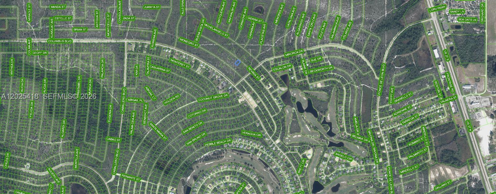 This is an aerial map view of a residential neighborhood with streets and houses — 6213 Nevada, Sebring FL 33872, SEBRING, FL