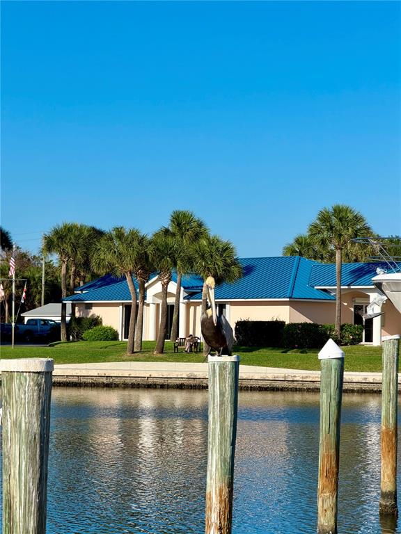 A brown pelican perches on a wooden piling in front of a house with palm trees — 5151 N HIGHWAY A1A UNIT 212, HUTCHINSON ISLAND, FL