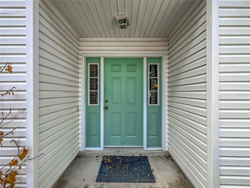 A front entryway features a green door with sidelights and white horizontal siding — 3850 PLANTATION BOULEVARD, LEESBURG, FL