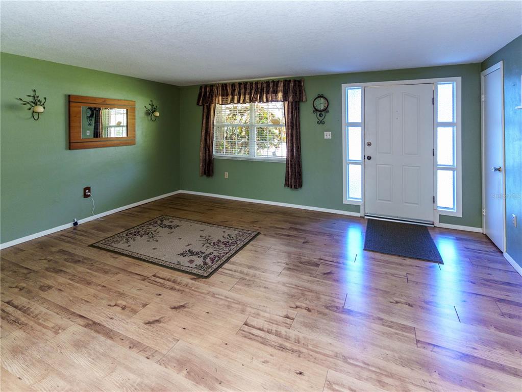 A living room with sage green walls, wood-look flooring, a window with curtains, and an entryway — 6155 ILLINOIS AVENUE, NEW PORT RICHEY, FL