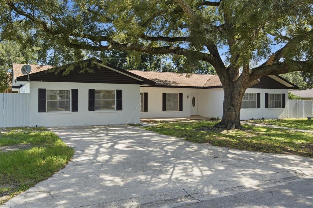 A single-story white house with dark trim and a large tree in the front yard — 604 ROYAL CREST DRIVE, BRANDON, FL
