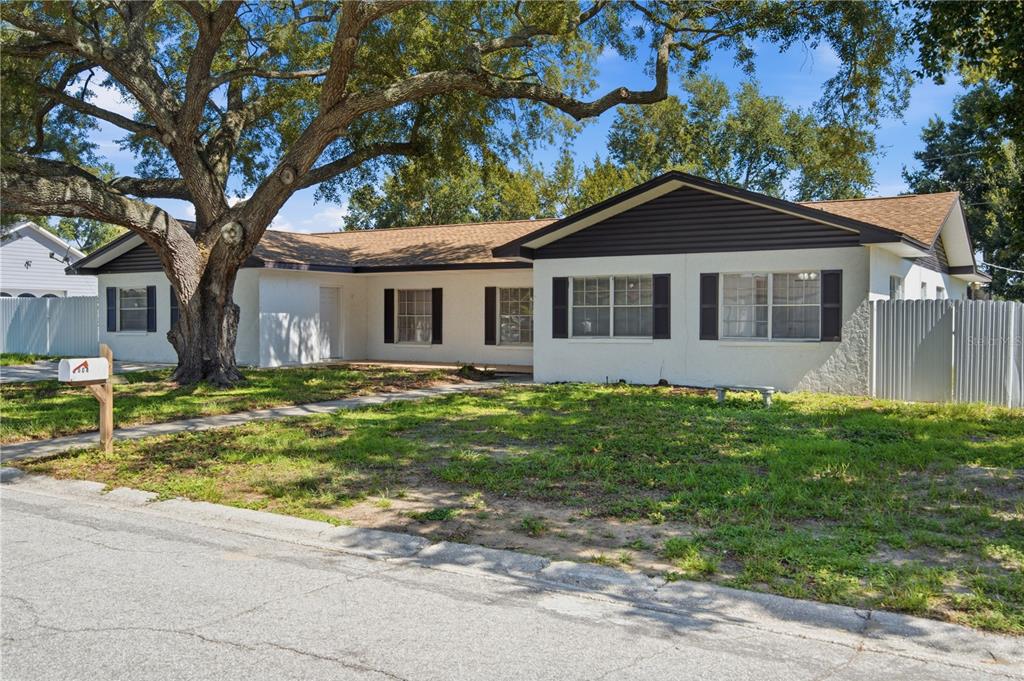 A single-story house with white stucco walls, dark shutters, and a large tree in front — 604 ROYAL CREST DRIVE, BRANDON, FL