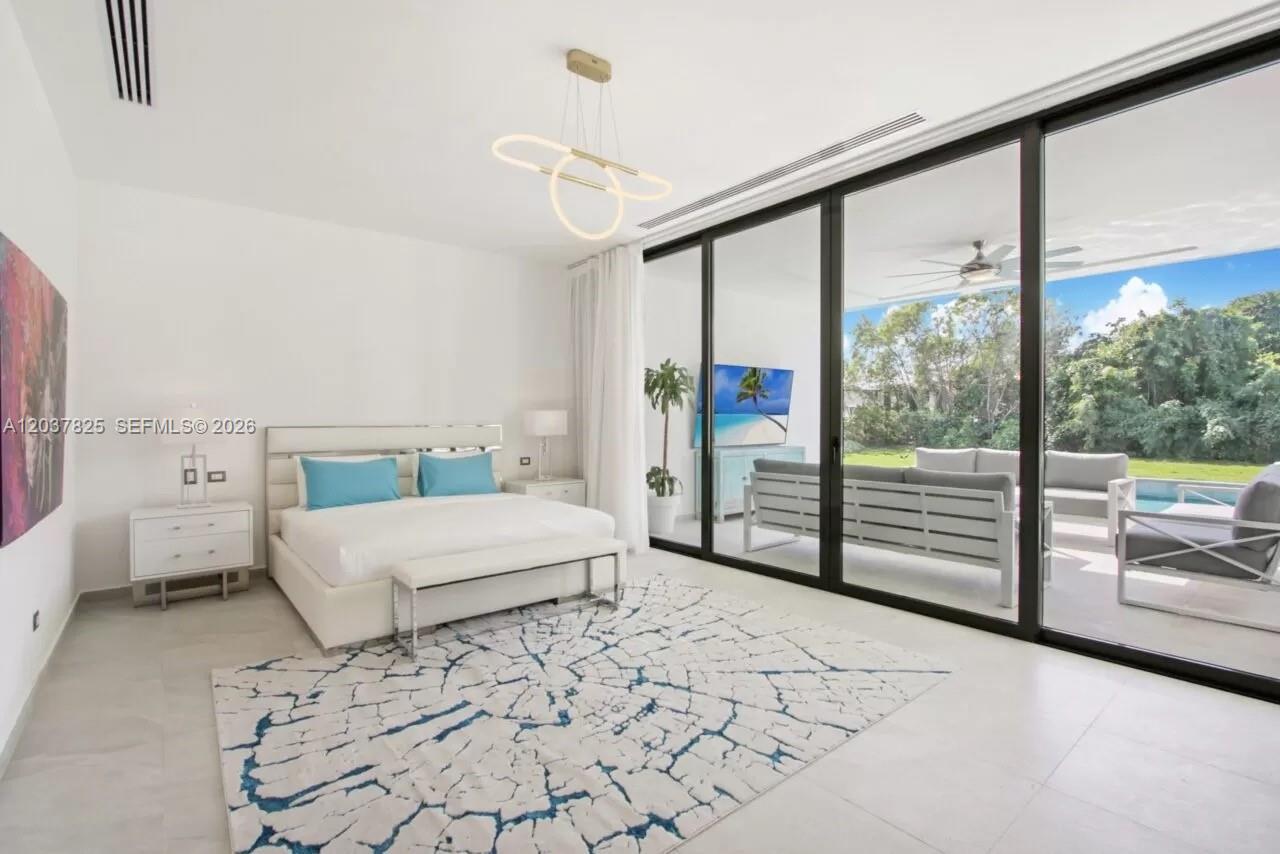 A modern bedroom features a white bed, patterned rug, and large glass doors to a patio — 0 l palmas, FL