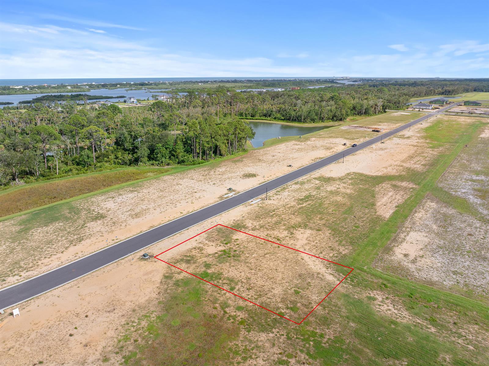 An aerial view shows a vacant rectangular residential lot outlined in red next to a road — 217 Stillwater Drive, FL 32136, FL