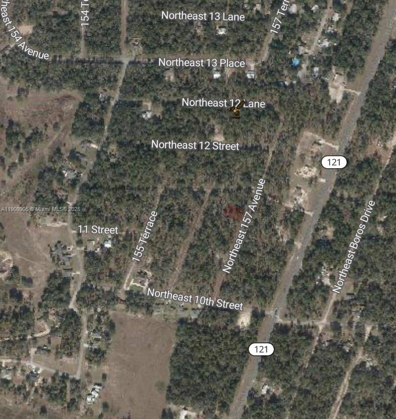 This is an aerial map showing a wooded area with residential streets and road labels — 0 NW 157th Ave, Williston FL 32696, WILLISTON, FL