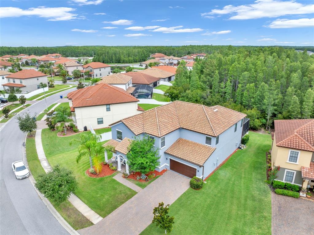 An aerial view of a two-story suburban house with a tiled roof and paved driveway — 19265 UMBERLAND PLACE, LAND O LAKES, FL