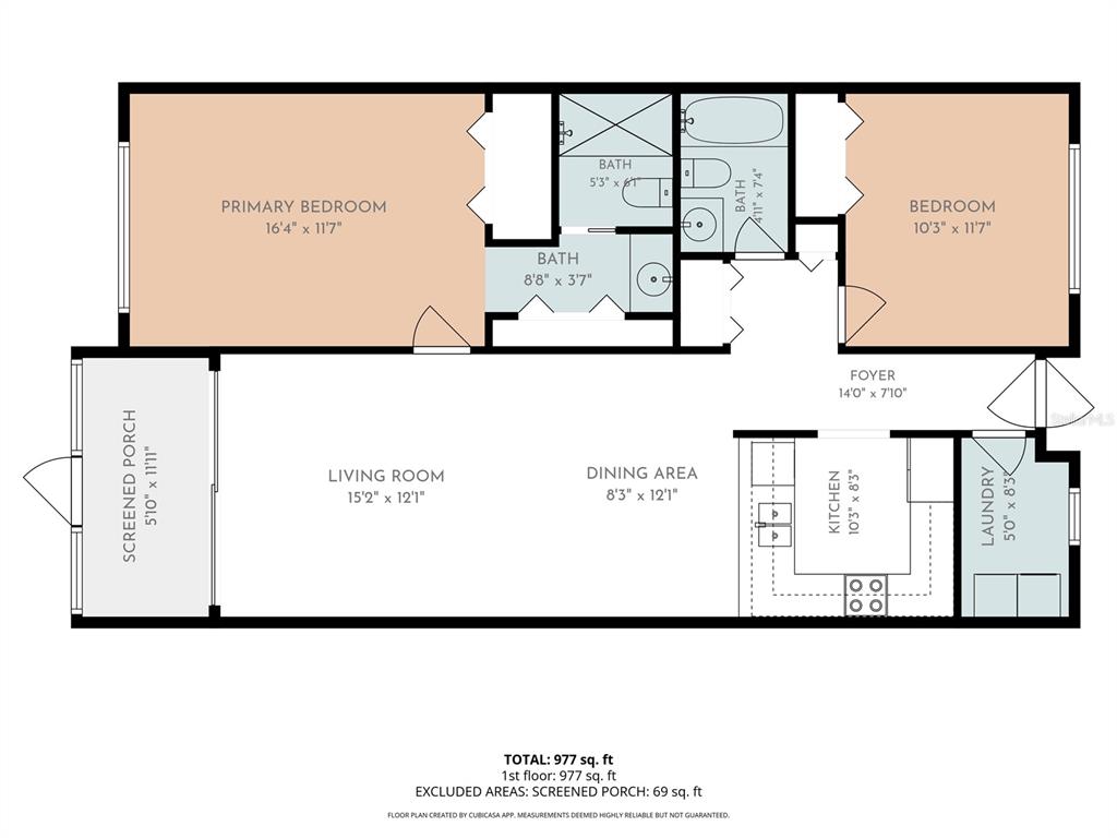 This floor plan shows a two-bedroom, two-bathroom apartment with a living room, kitchen, and porch — 723 83RD AVENUE N UNIT 102, ST PETERSBURG, FL