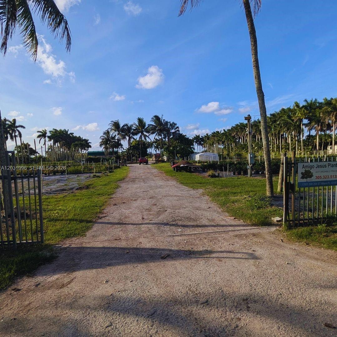 A gravel driveway leads through an open gate into a plant nursery with palm trees — 17001 SW 204th St, Miami FL 33187, MIAMI, FL
