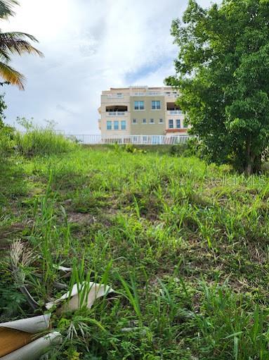 A grassy, undeveloped lot sits in the foreground with a multi-story residential building in the background — Monte Carlo SE MONTE CARLO VIEWS UNIT 228-229, HUMACAO, PR