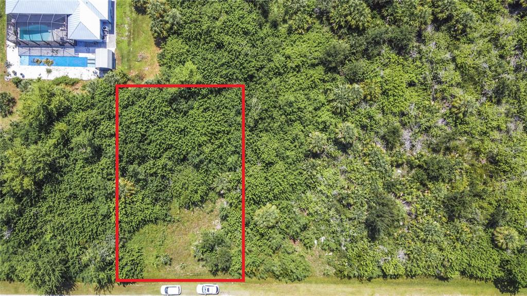 An aerial view shows a rectangular, tree-covered vacant lot outlined in red next to a house — 15419 MARGO CIRCLE, PORT CHARLOTTE, FL