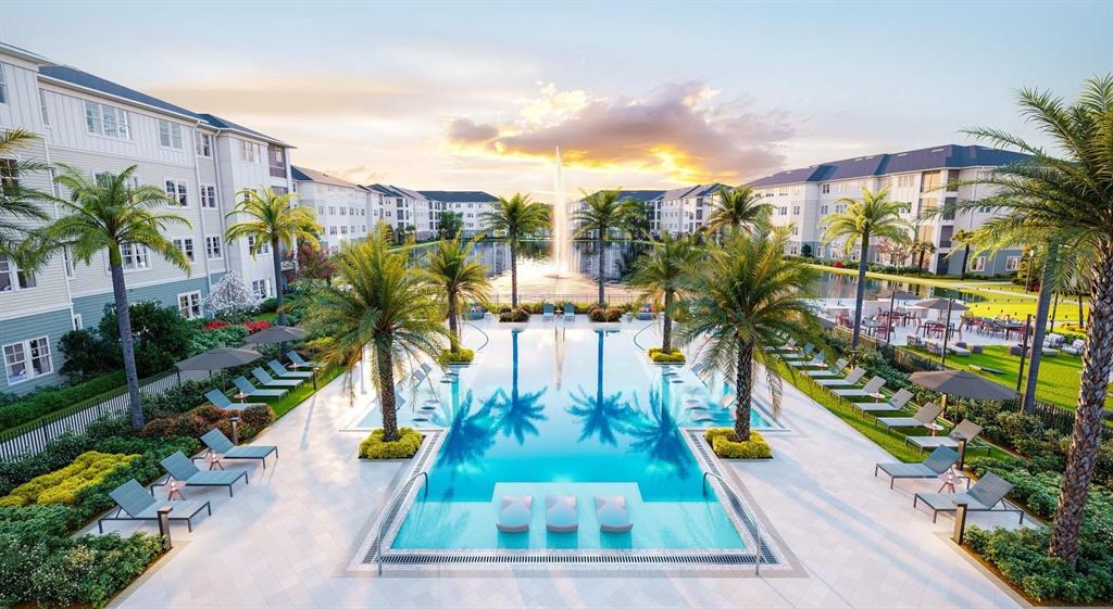 This is a rendering of an apartment complex pool area with a fountain and palm trees — 2252 KENDRICK CIRCLE UNIT B2, SARASOTA, FL