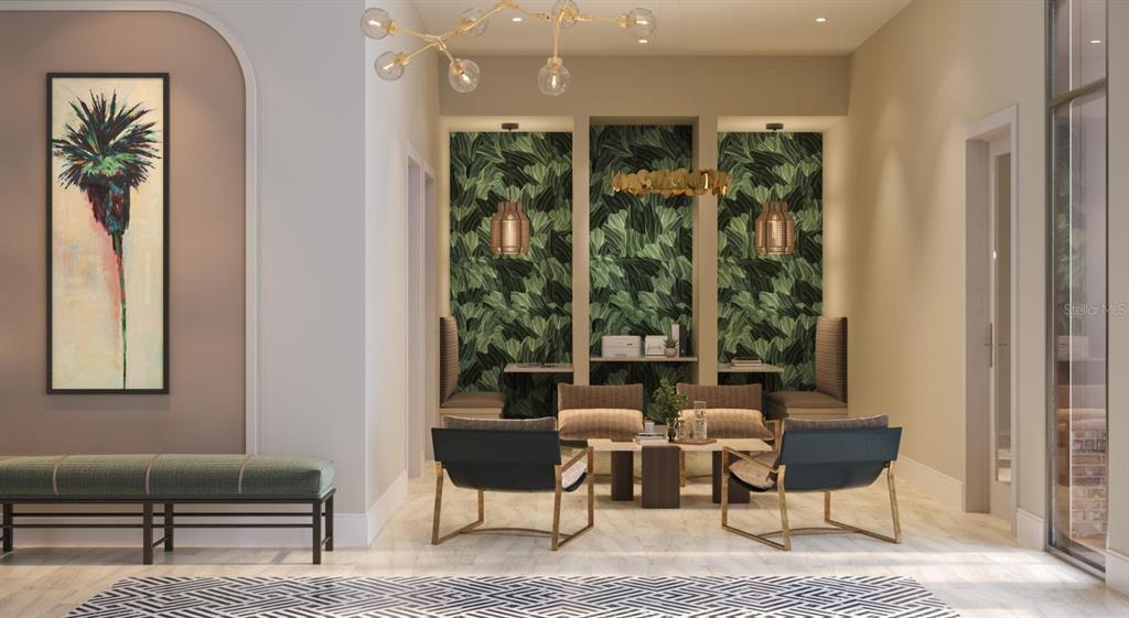 This rendering shows a modern lobby with tropical wallpaper, seating areas, and a gold chandelier — 2252 KENDRICK CIRCLE UNIT B2, SARASOTA, FL