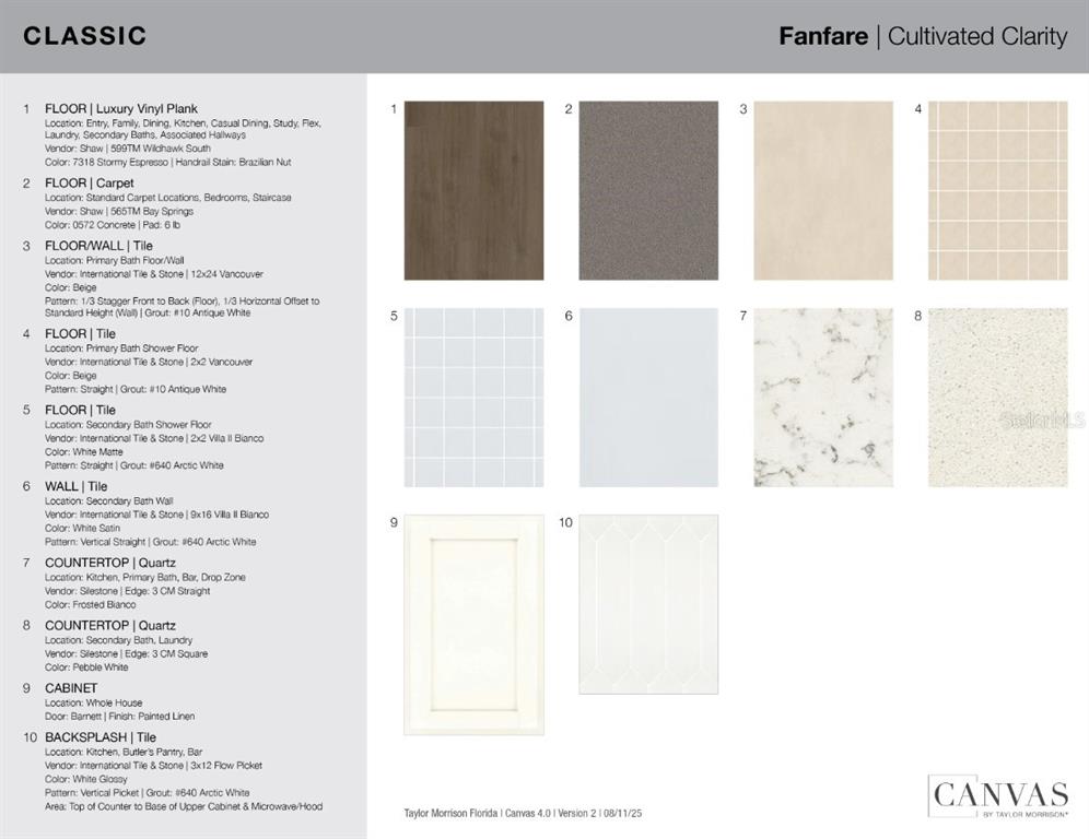 This image displays a design board featuring samples of flooring, tile, countertops, and cabinet finishes — 13336 SANTINI CIRCLE, ENGLEWOOD, FL
