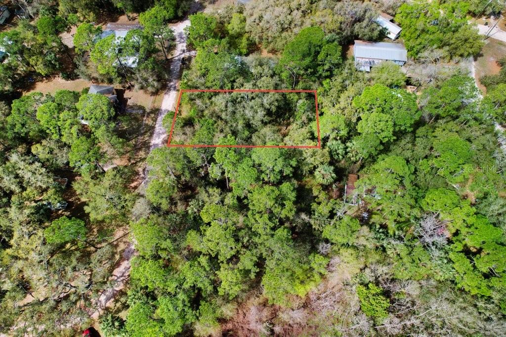 An aerial view shows a rectangular plot of land outlined in red amidst dense trees — 0 YUCATAN DRIVE, LAKE WALES, FL