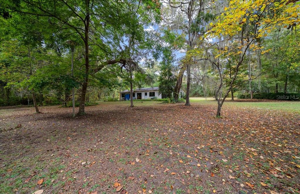 A single-story house sits in a large, wooded yard covered with fallen leaves — 7173 W R THOMAS ROAD, KEYSTONE HEIGHTS, FL