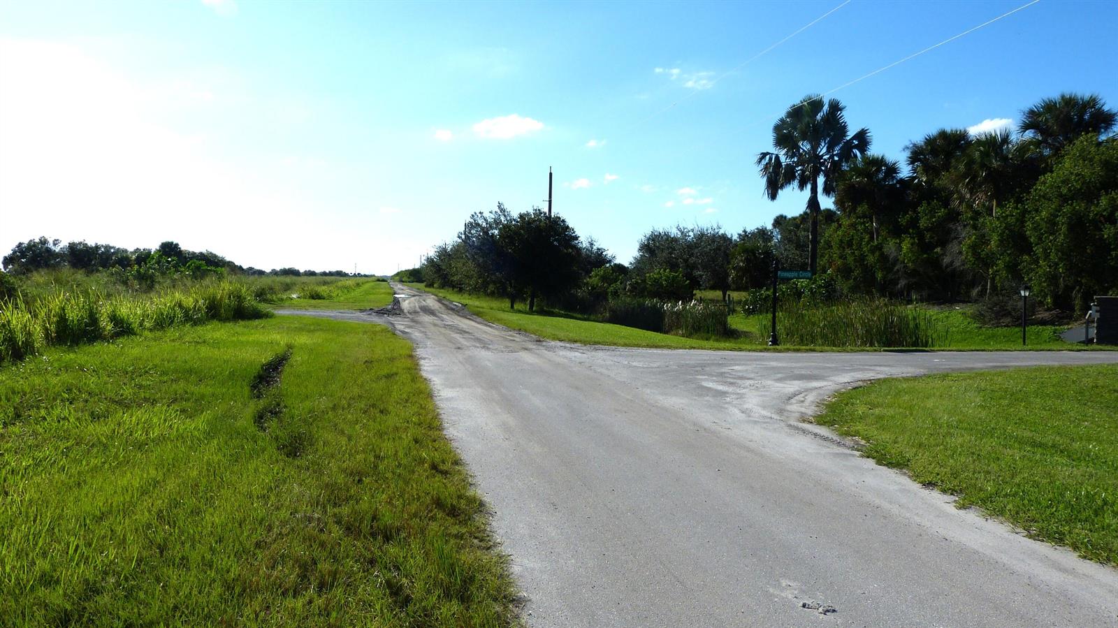 A paved road leads toward a dirt path surrounded by grassy fields and palm trees — Tbd 3 Pineapple Lane, Fort Pierce FL 34945, FORT PIERCE, FL